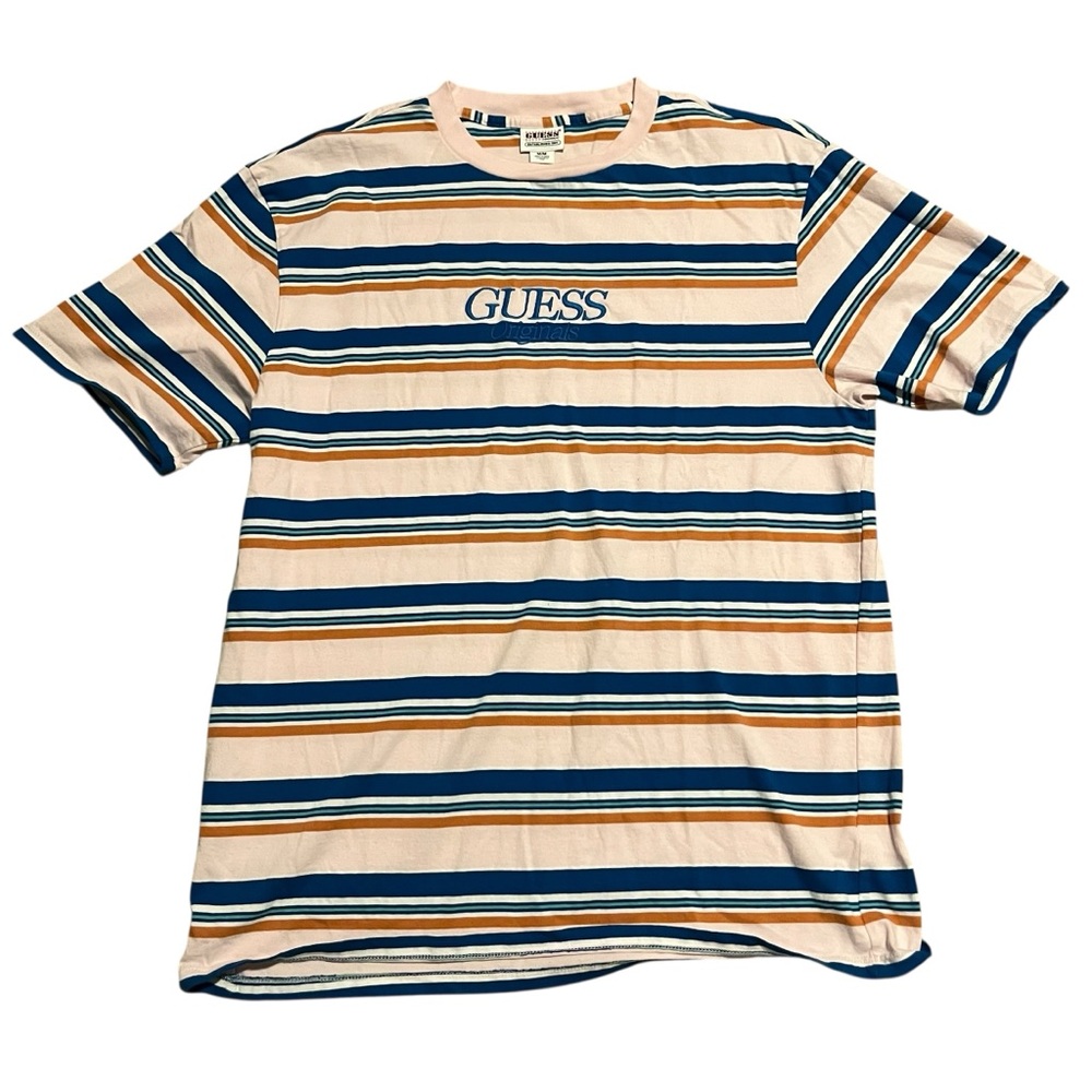 Guess Originals‎ T Shirt Mens M Pastel Striped Embroidered Spellout Tee Pink